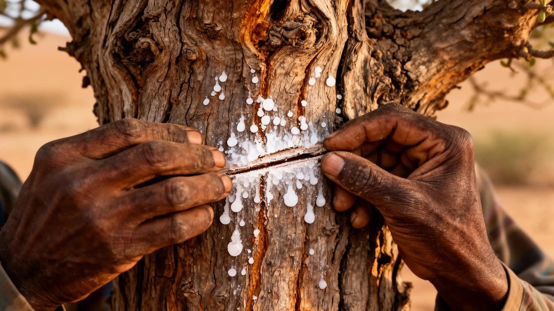 Hands harvesting Boswellia resin
